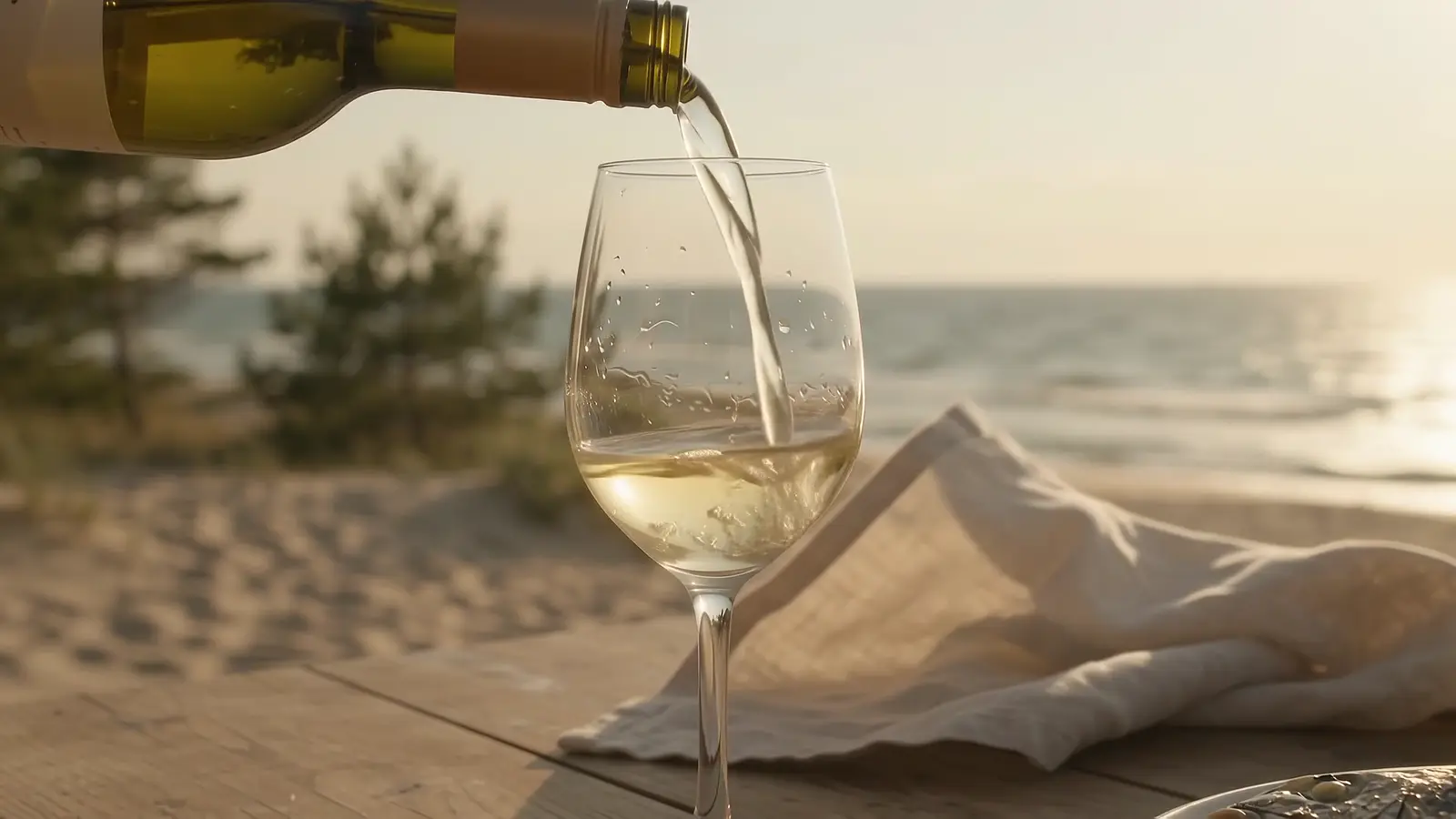 White wine being poured into a glass on a table by the beach, with the sea behind